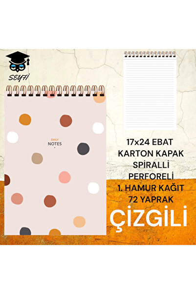 SEYFİKİRTASİYE 17X24 CM ÇİZGİLİ 72 YAPRAK ÜSTTEN AÇILIR KARTON KAPAK TELLİ DE...