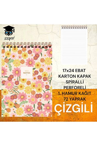 SEYFİKİRTASİYE 17X24 CM ÇİZGİLİ 72 YAPRAK ÜSTTEN AÇILIR KARTON KAPAK TELLİ DE...