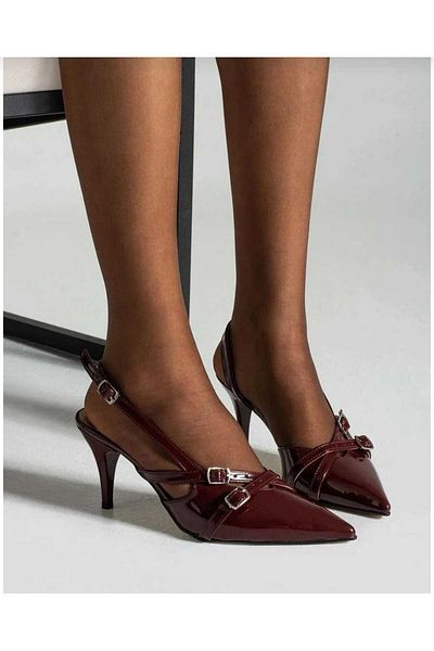 ŞIK MODA Claret Red Patent Leather Pointed Toe Buckle Detailed Heeled Women's Shoes