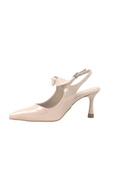 bescobel Women's Leather Patent Leather Material Tanba Bow Detailed Heeled Pointed Toe Shoes 7 cm Heel 602