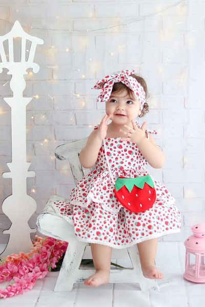 KATIA Baby Girl strawberry Printed Dress Dress and Hair band and strawberry bag 3-Piece Set
