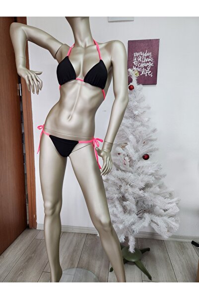 Secret Passion Lingerie PEMBE İPLİ SİYAH KUMAŞ ARKASI TANGA ASTARLI BİKİNİ TAKIMI 1078