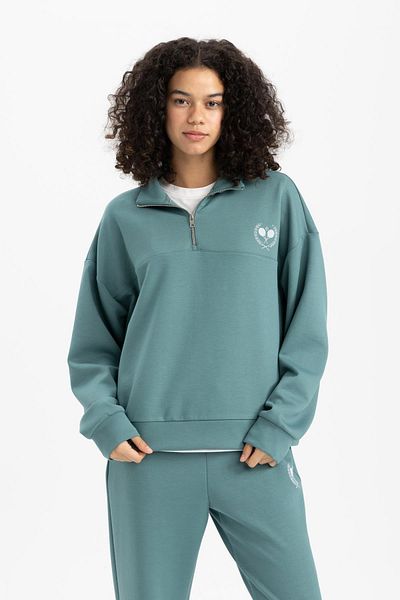 DeFacto Übergroßes bedrucktes Sport-Sweatshirt – breite Passform, Stehkragen, Reißverschluss B4572ax24sp