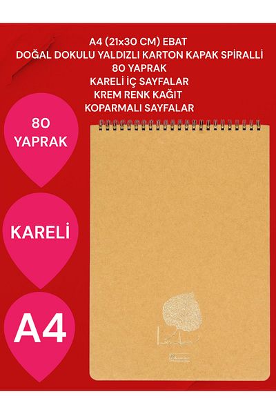 SEYFİKİRTASİYE CHECKED A4 (21x30 CM) 80 SHEETS CARTON COVER SPIRAL CREAM COLOR SHAPES WITH TOP OPEN