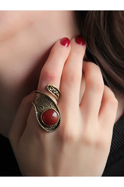 esha Natural Stone Agate Round Natural Stone Adjustable Antique Embroidered Ring