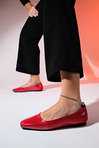LuviShoes POHAN Red Patent Leather Women's Ballerina Shoes with Stone Detail
