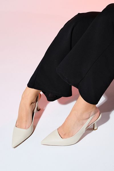 LuviShoes FLEM Ecru Skin Women's Pointed Toe Open Back Thin Heeled Shoes