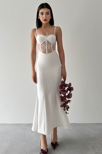 lovebox Damen-Abendkleid 229 aus Atlasstoff, transparente Spitze, mit Trägern, mittellang, weiß