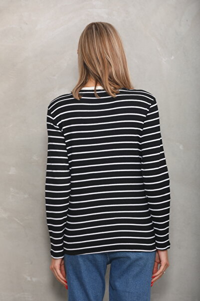 Miss Dünya Lissa Kaşkorse Siyah Beyaz Çizgi Desenli Hamile ve Lohusa Sweatshirt