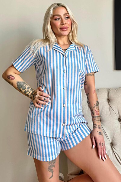 Pijamaevi Önden Düğmeli Şortlu Kısa Kollu Kadın Pijama Takımı
