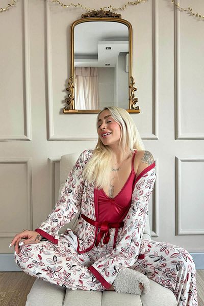 Pijamaevi Red Flore Exkluzivní pletené dámské pyžamo Set s županem
