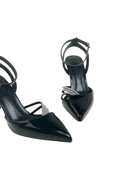 bescobel Women's Uyhan Black Pointed Toe 3 Bands Stone Detailed Evening Dress Shoes 7.5 Cm 702