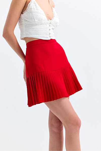 sewing story Kırmızı Piliseli Dokuma Mini Etek