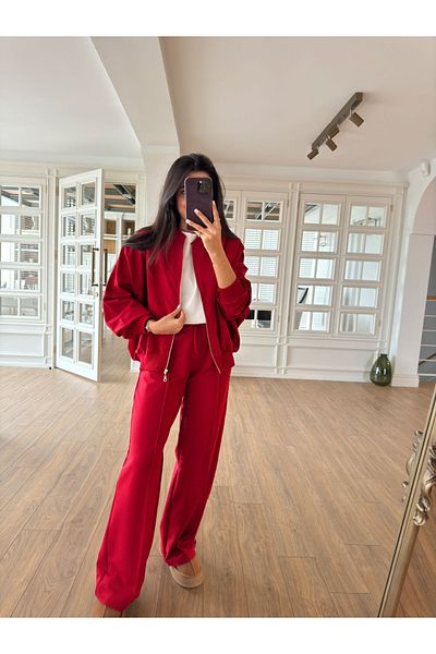 My Blog Women's Red Front Zippered Premium Tracksuit Set