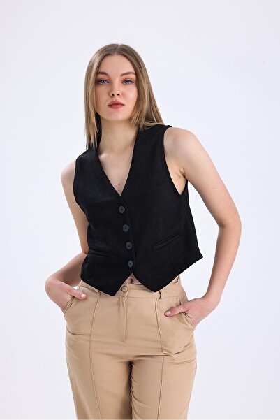 Miss Murem Süet Düğmeli Yelek-SİYAH