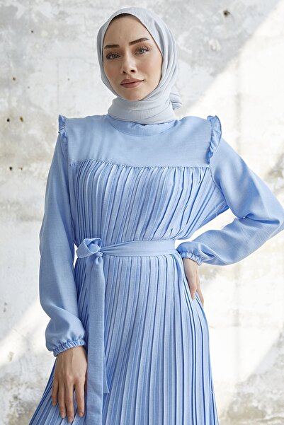 InStyle Ruffle Shoulder Pleated Linen Dress - Baby Blue