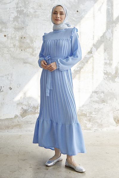 InStyle Rochie cu umeri plisate din in - Baby Blue
