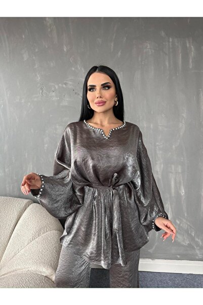 MAY MARA WOMEN'S 2-PIECE COLLAR Rhinestone Embroidery Detailed Tunic Pants Suit