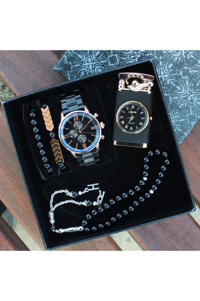 saatistasyonu Çelik Kordonlu Erkek Kol Saati Seti Erkek Tesbih ''Saatli Çakmak Işıklı '' Bileklik Spor Saat Seti