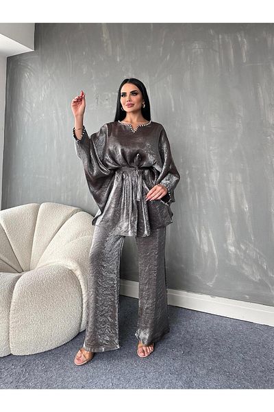 MAY MARA WOMEN'S 2-PIECE COLLAR Rhinestone Embroidery Detailed Tunic Pants Suit