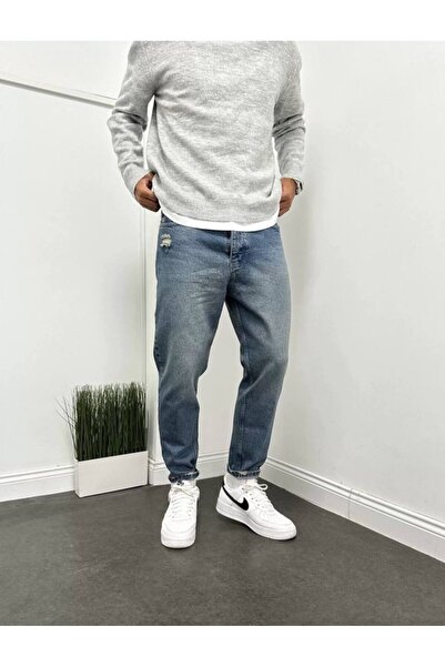 TÜZeMEN بنطلون جينز رجالي بقصة بوي فريند بتصميم ليزر وتأثير عتيق