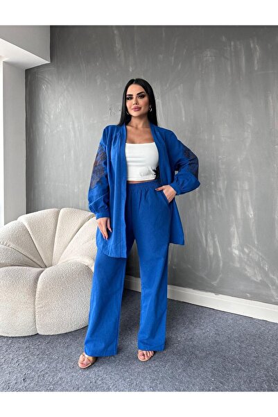 MAY MARA WOMEN'S 2-PIECE SLEEVES AND BACK EMBROIDERY JACKET PANT SUIT