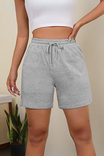 NAKRUF Gri-Siyah 2'li Kadın Penye İpli Şort