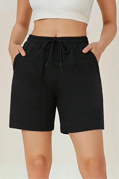 NAKRUF Gri-Siyah 2'li Kadın Penye İpli Şort