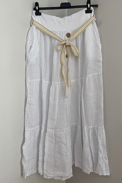 AYASOFYA OTANTIK Fusta de in, albă, italiană, cu talie elastică și accesoriu cu nasturi, cu buzunare