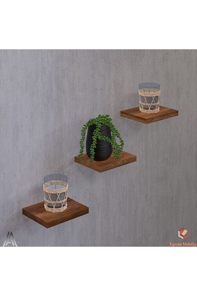Egecan Mobilya Walnut Flying Wall Shelf 3 Pieces Decorative Shelf Flower Pot Candle Holder Decorative Flower Pot