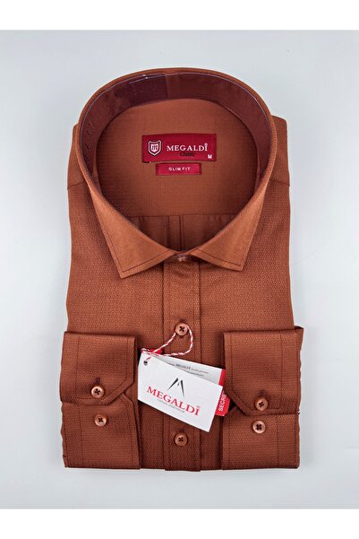 MEGALDİ Erkek Slim Fit Kiremit Armürlü Uzun Kollu Gömlek