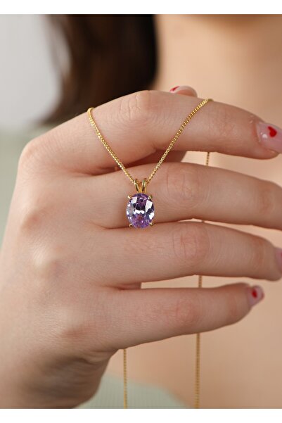 LİNOVE JEWELLERY 925 Ayar Gümüş Oval Kolye, Lila Renk Taşlı Gümüş Kolye, Zari...