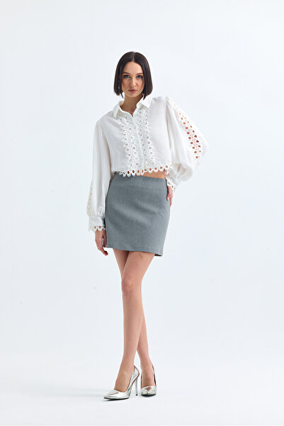 sewing story Kenarları Güpür Dantelli Crop Boy Poplin Beyaz Gömlek