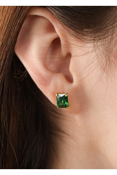 LİNOVE JEWELLERY Emerald Küpe 925 Ayar Gümüş Üzeri Altın Kaplama Küpe, Yeşil Taşlı Küpe. Zümrüt Küpe Gümüş