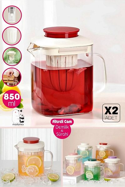 Madamev 2-Piece Heat Resistant Borosilicate Glass Teapot with Steel Filter Herbal Tea Teapot & Jug with Handle 850ml