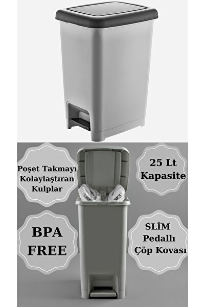 PONÇİK BEBEK Pedallı SEDEFLİ GRİ Banyo Mutfak Çöp Kovası SİYAH Kapaklı Slim P...