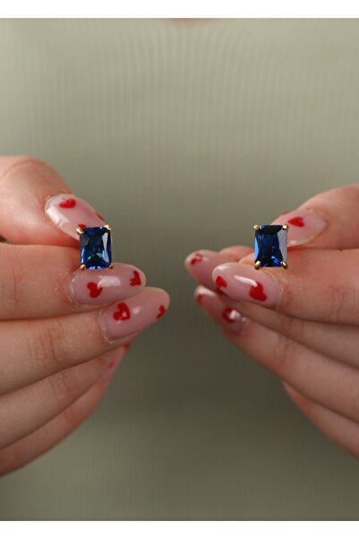 LİNOVE JEWELLERY Safir Baget Gümüş Küpe 925k Ayar Gümüş Baget Küpe Safir Zirk...