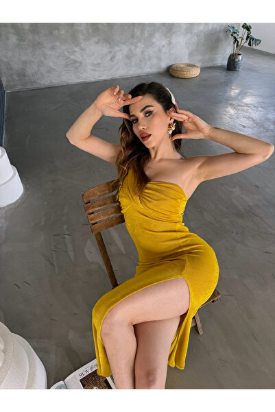 Fav Style Kadın Büzgü Detaylı Tek Omuz Yırtmaçlı Uzun Elbise Yağ Yeşili
