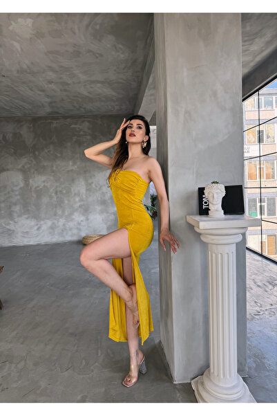 Fav Style Kadın Büzgü Detaylı Tek Omuz Yırtmaçlı Uzun Elbise Yağ Yeşili