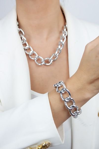 Pridza Thick Ring Silver Color Necklace Bracelet Set