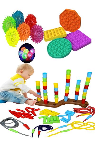 Ayver Toy Triple Set Popit Toy, Spiny Light Sound Stress Ball 126 Piece Tower Stringing Game Set