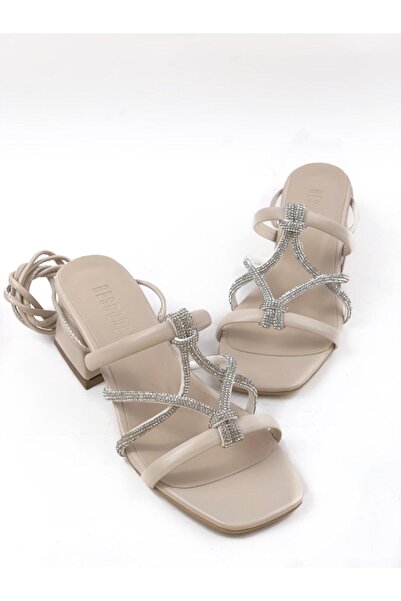 bescobel Women's Kemes Beige Heeled Ankle Strap Stone Sandals Shoes