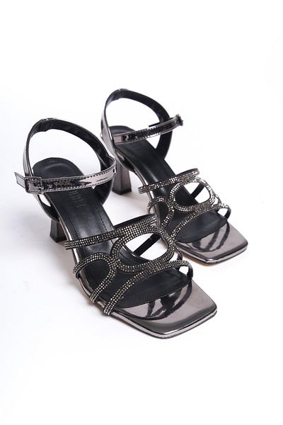 bescobel Women's Sefma Patent Leather Platinum Thin Heel Stone Sandals 8 cm Heels 206
