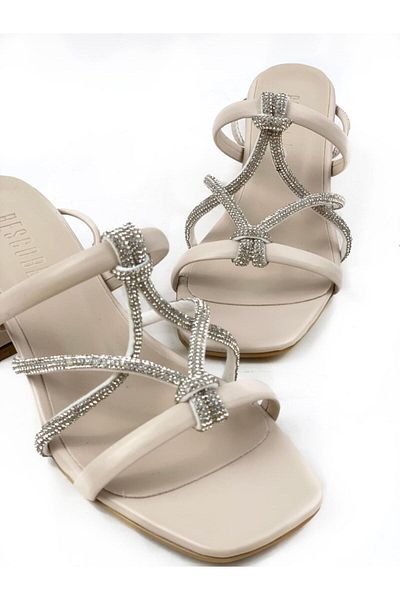 bescobel Women's Kemes Beige Heeled Ankle Strap Stone Sandals Shoes