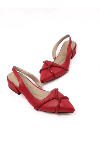 bescobel Women's Necby Red Pointed Toe Heeled Stoned Ballerinas