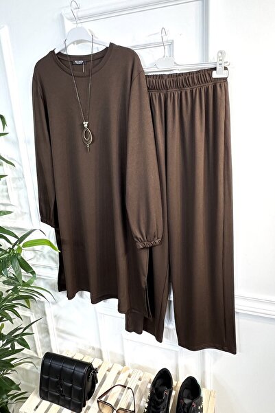 Aşkı Endam Plus Size Laurel Corded Full Stretchy Διπλό Σετ - Κολιέ - Καφέ