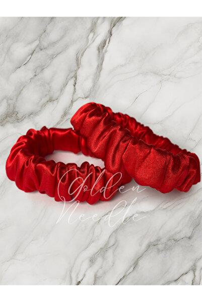 Golden Needle Red Women's Satin Fabric Small Scrunchie Bracelet Bagel 2-Piece...