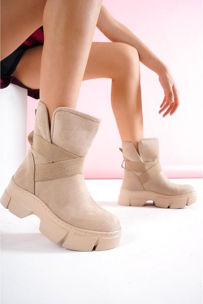bescobel Women's Nude Elina Fur Collar Detailed Suede Boots