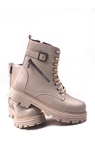 bescobel Γυναικείες μπότες με φερμουάρ και κορδόνια σε μπεζ χρώμα Fasna