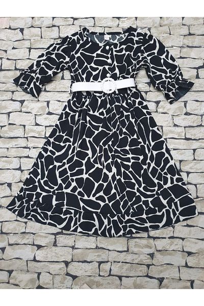 rainkids Girl's Dress Comfortable Cut Ruffle Smocked Sleeve Digital Print with Belt Gift